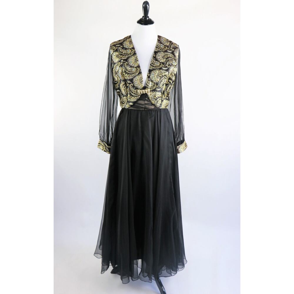 Vintage 60s Witchy Gothic Glam Jack Bryan Black Chiffon Maxi Dress Medium - Picture 3 of 10